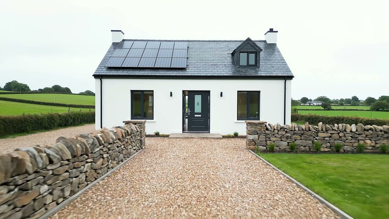 White rendered Irish home with black solar panels on a slate roof